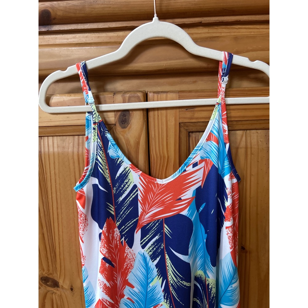 Tropical Leaf Print Maxi Dress Red Blue White Adjustable Straps Pockets S/M - Picture 2 of 6